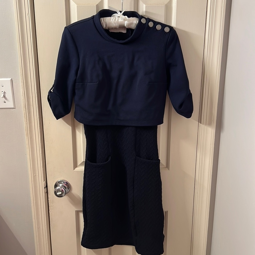 Annie SO made in Canada blue sheath dress with deep front pockets
